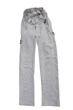 Vilber's men's summer trousers in beige ramie fabric, laid flat showing elasticated waistband and front opening.